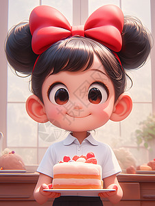 头上有着蝴蝶结双手端着蛋糕的可爱卡通小女孩背景图片