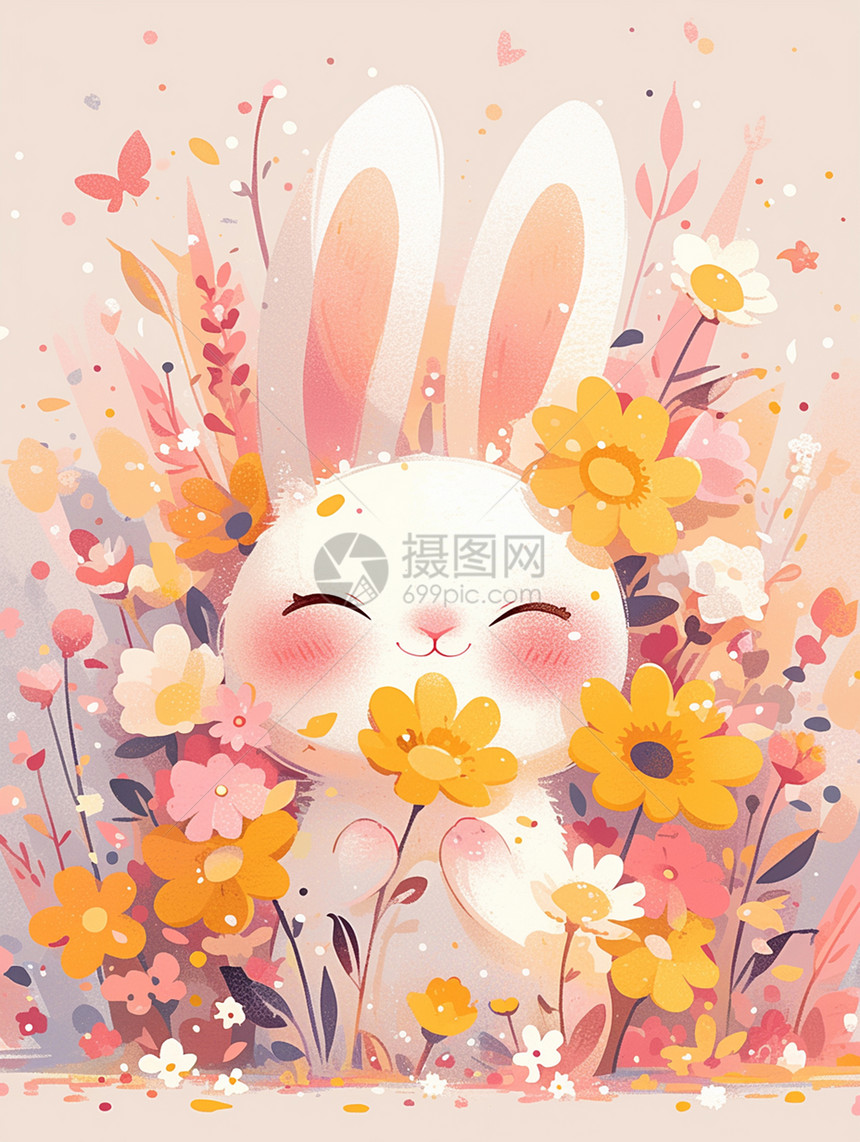 花丛中一只白色可爱的卡通小白兔图片