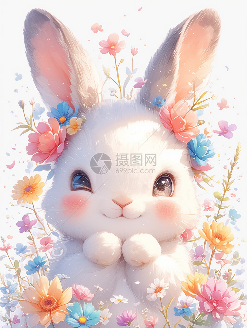 春天在开满花朵的白色可爱的卡通小白兔图片