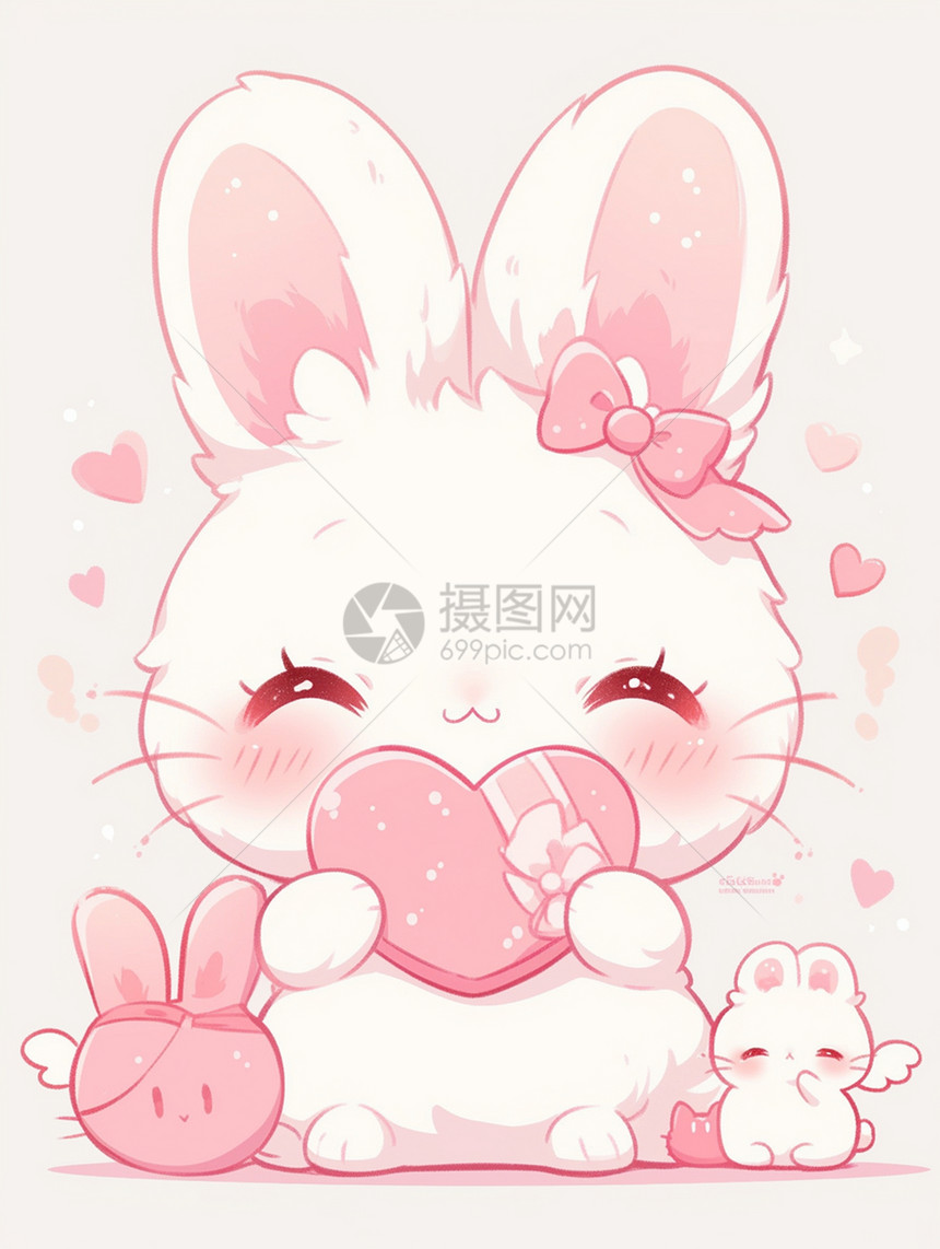 白色卡通小兔子抱着粉色开心笑着图片