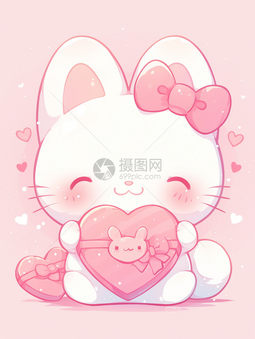 小兔子抱着粉色爱心开心笑图片