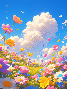 彩色棕布小花蓝天白云开满鲜花的草地唯美卡通风景插画