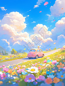 一辆小汽车春天一辆粉色可爱的卡通小汽车插画