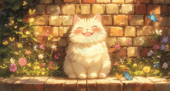 春天蹲在角落开心笑晒太阳的猫背景图片