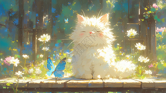 墙角背景阳光下蹲在角落开心笑晒太阳的卡通小猫插画