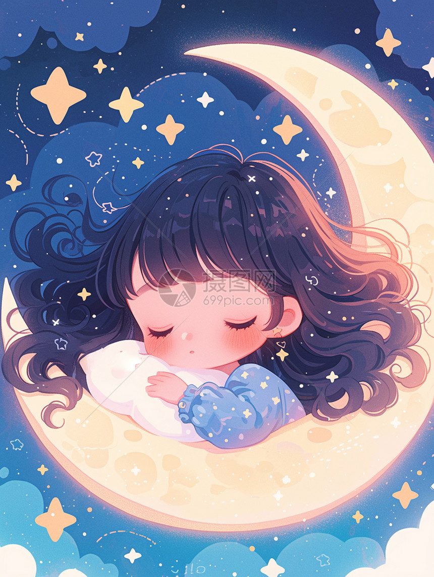 在梦幻天空大大的月牙上睡觉的可爱卡通小女孩图片