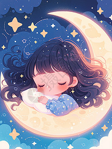 在梦幻天空大大的月牙上睡觉的可爱卡通小女孩背景图片