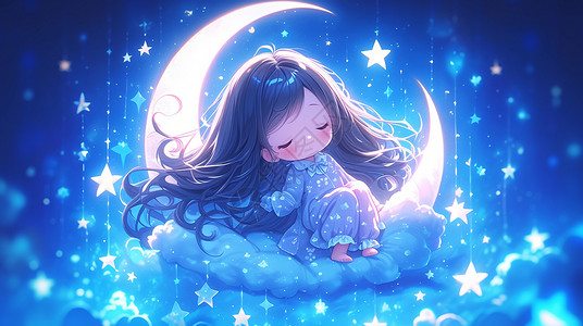 夜晚在梦幻天空大大的月牙上睡觉的小女孩高清图片