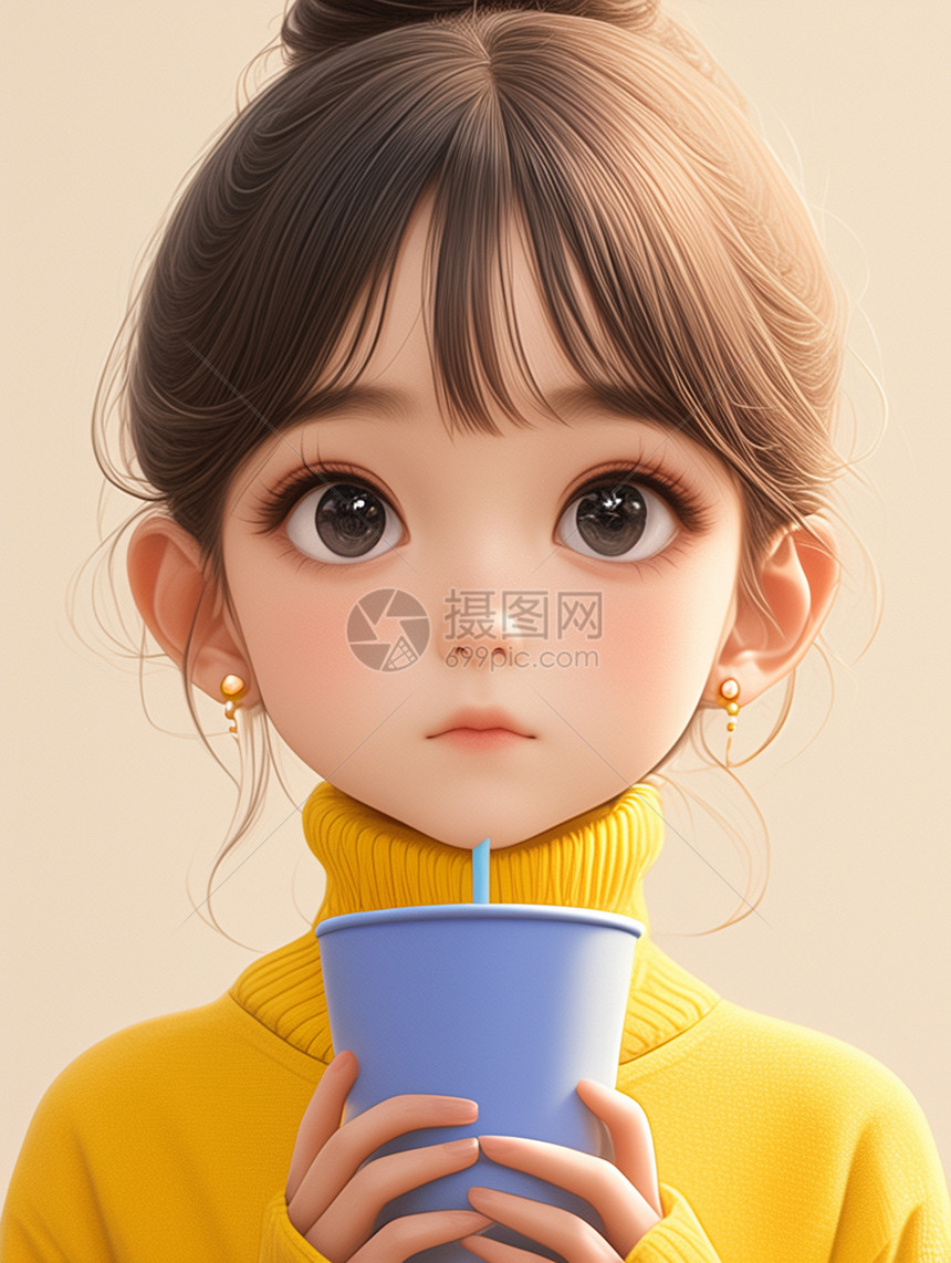 黄色毛衣抱着蓝色杯子的小女孩图片