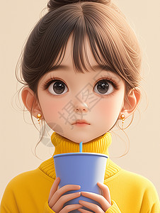 卡通喝水黄色毛衣抱着蓝色杯子的小女孩插画
