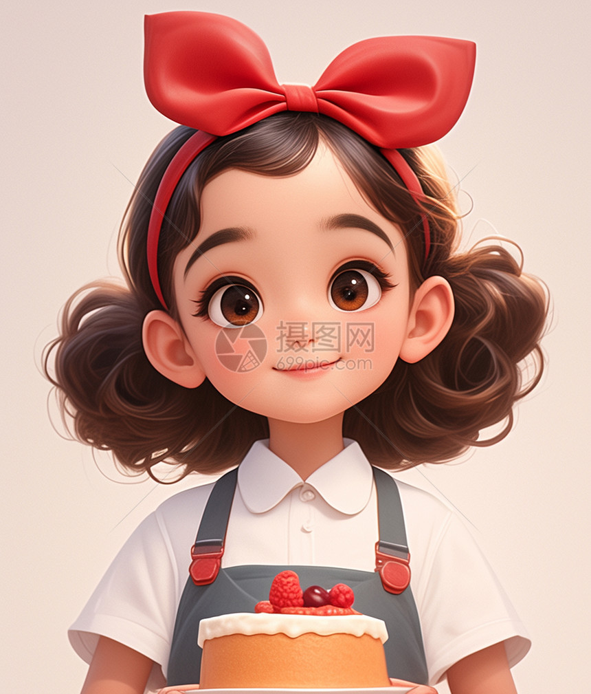 头戴红色蝴蝶结端着蛋糕的可爱小女孩图片
