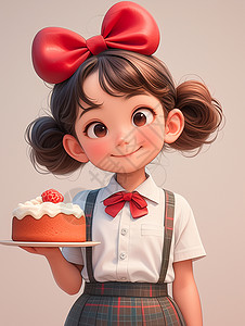美丽红色蝴蝶结端着蛋糕的小女孩高清图片