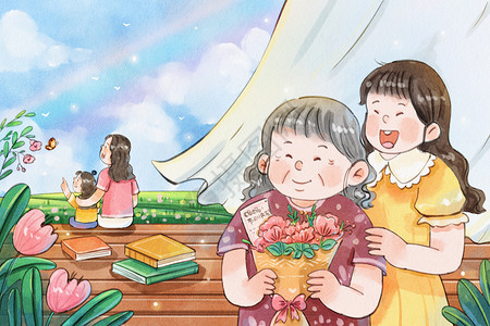 开奖时间手绘水彩母亲节之母亲与女儿温馨治愈系插画插画
