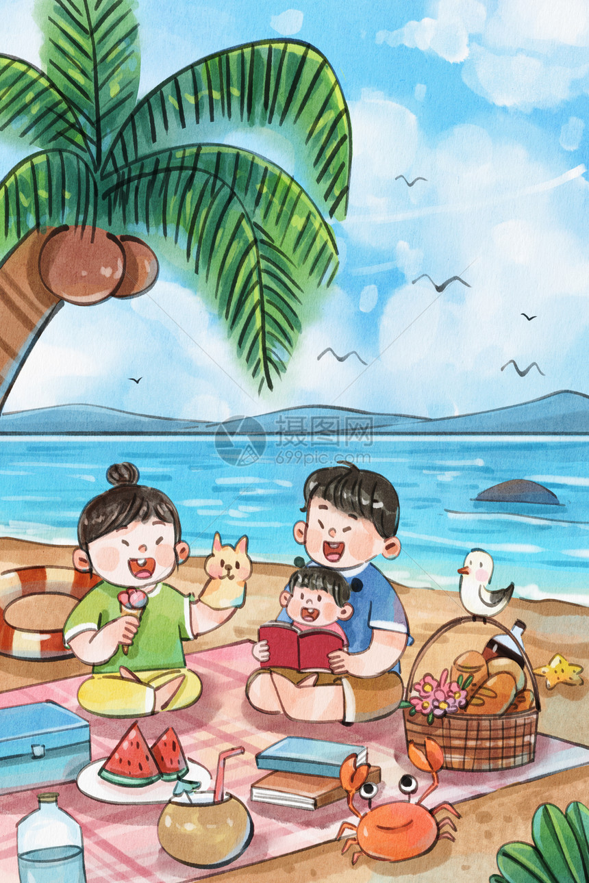 手绘水彩立夏一家人海边沙滩野餐看书治愈系插画图片