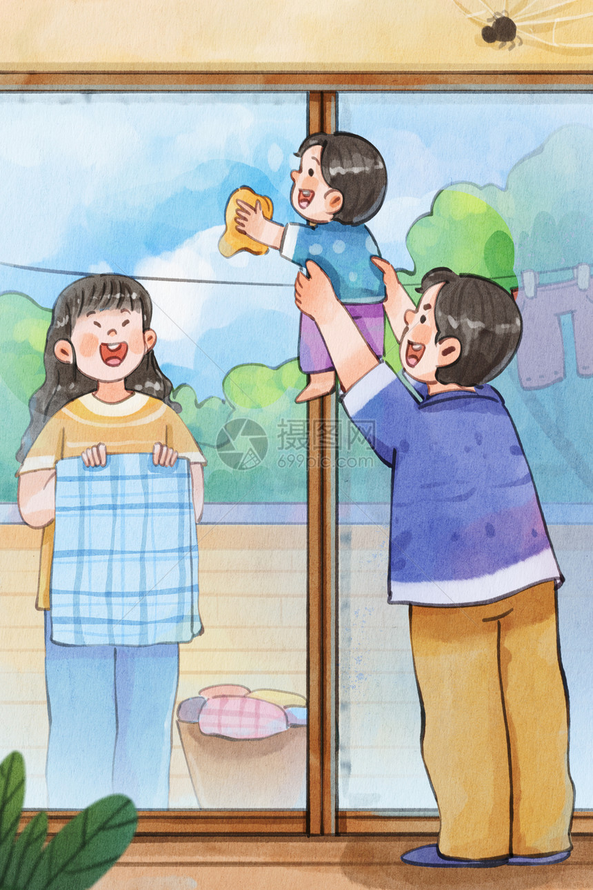 手绘水彩之五一劳动节爸爸抱着宝宝擦玻璃场景插画图片