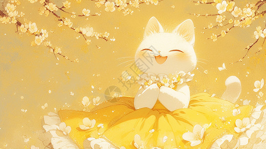 穿着黄色裙的小猫在花丛中背景图片