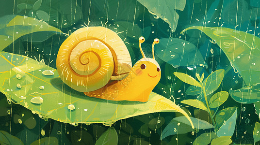 雨中行走的儿童卡通插画雨中趴在树叶上一只小蜗牛插画