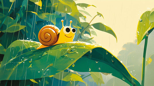 雨中行走的儿童卡通插画雨中一只可爱的蜗牛插画