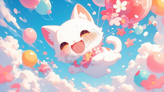 空中气球可爱的小白猫手拿气球飞在空中插画