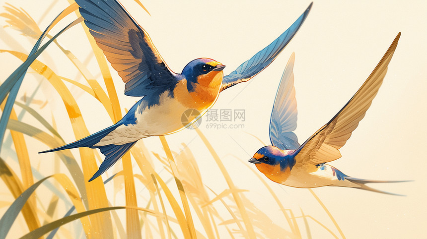 两只可爱的小鸟飞舞在草丛旁图片