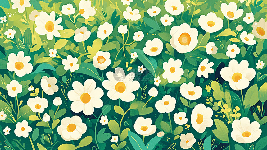 黄色绿色花丛中盛开着很多白色卡通小花图片