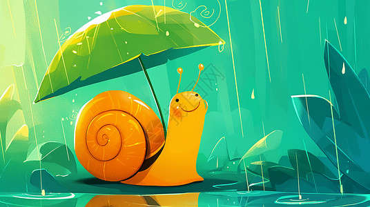 正在下雨中的卡通小蜗牛背景图片