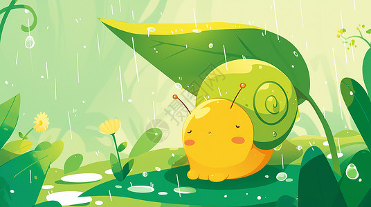雨中一只可爱的卡通绿色小蜗牛背景图片