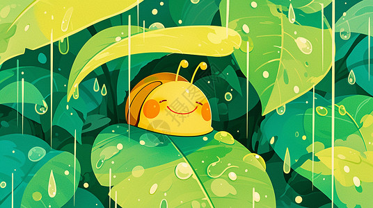 大雨中绿叶中的可爱卡通小蜗牛背景图片