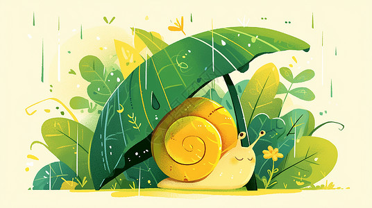 雨天里叶子下雨中一个萌萌的可爱蜗牛插画