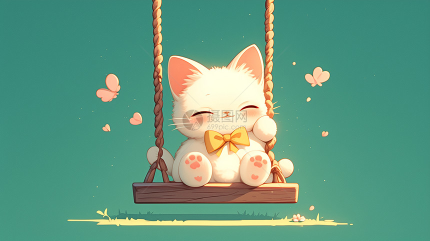 可爱卡通小猫坐在秋千上开心笑图片