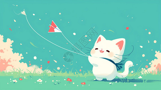 在草地上放风筝的一只可爱的小白猫背景图片