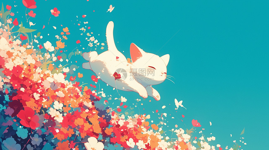 花丛中一只可爱的卡通小猫图片