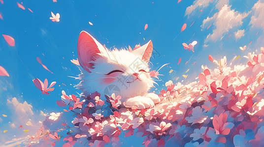 一只可爱的卡通小猫在春天粉色花丛中高清图片