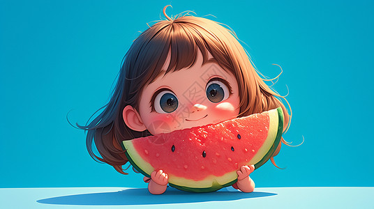 西瓜里小女孩吃西瓜的卡通小女孩插画