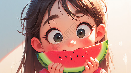 可爱卡通小女孩在吃西瓜背景图片