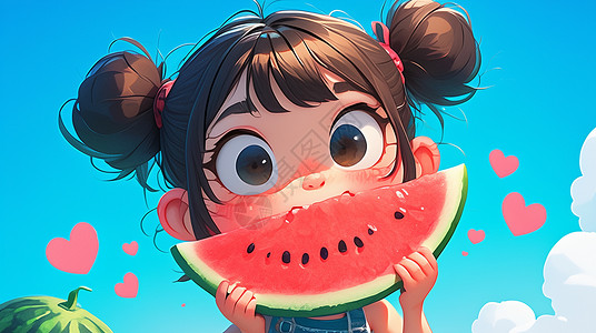 蓝天下吃西瓜的可爱卡通小女孩背景图片