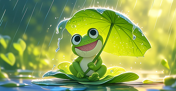 绿色的雨雨中坐在荷叶上的可爱绿色卡通小青蛙插画