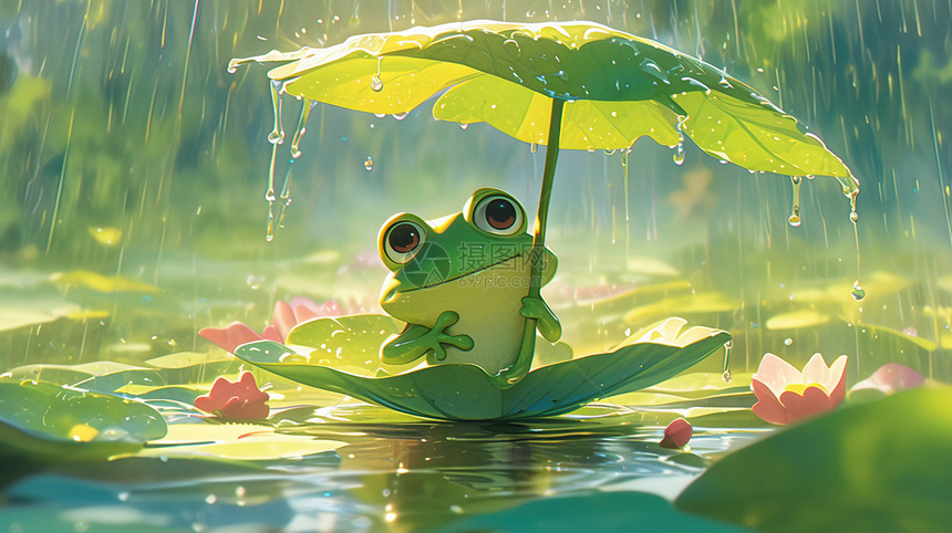 雨中撑着小叶子伞的可爱绿色卡通小青蛙图片