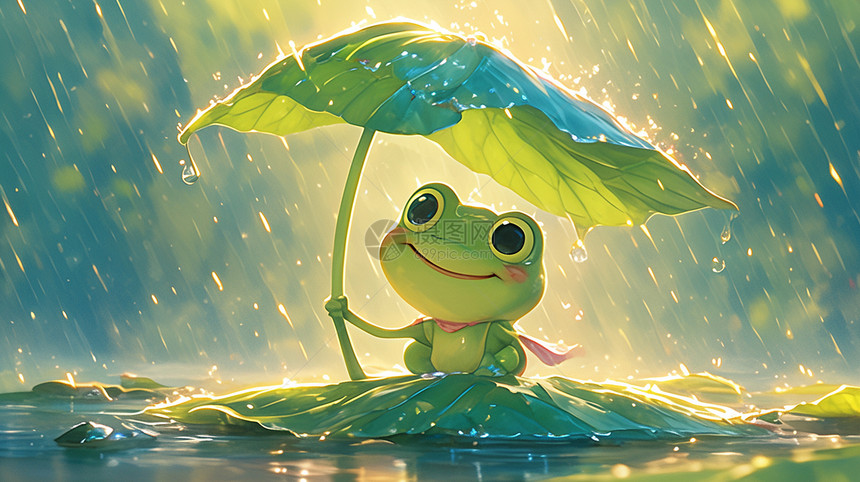 雨中坐在荷叶上撑着小叶子伞的小青蛙图片
