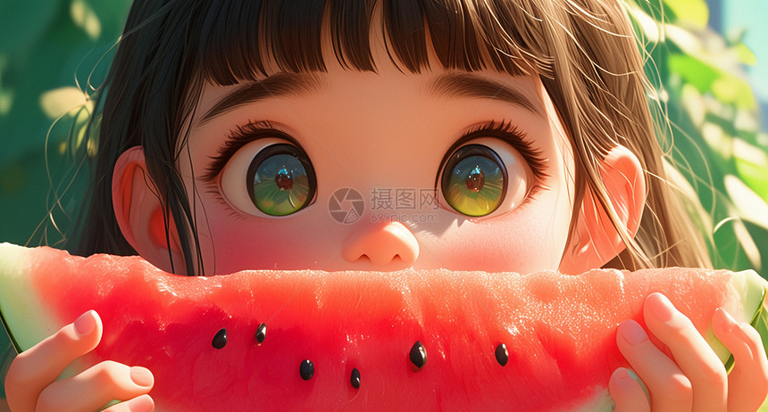 吃西瓜的可爱卡通小女孩图片