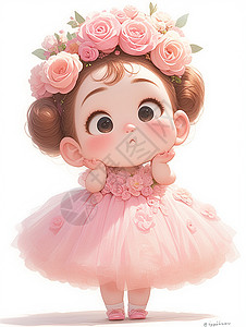 穿着粉色公主裙开心笑的可爱卡通小女孩插画