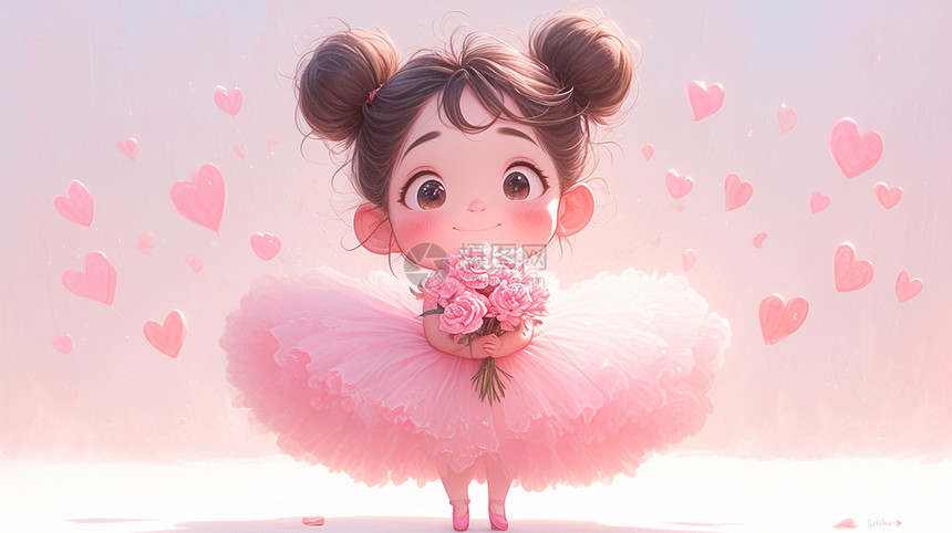 粉色背景穿着粉色公主裙捧着花朵开心笑的可爱卡通小女孩图片