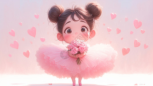 开心可爱小女孩粉色背景穿着粉色公主裙捧着花朵开心笑的可爱卡通小女孩插画