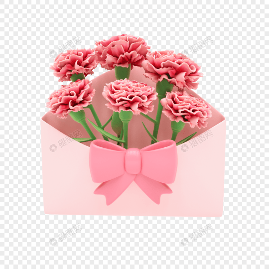 3D立体粉色信封康乃馨母亲节主题元素图片