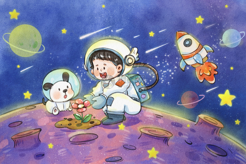 手绘水彩宇宙星空宇航员和星球一朵小花治愈系插画图片