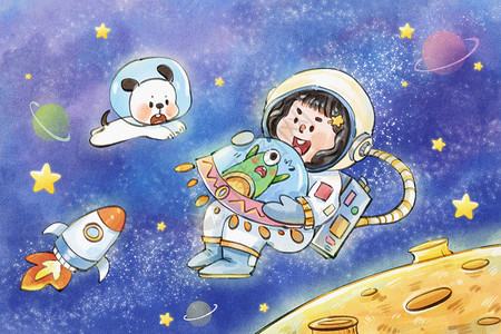 可爱的星球手绘水彩宇宙星空宇航员抓住外星人可爱治愈系插画插画