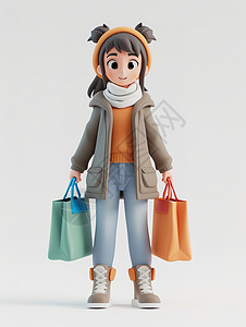 简约手提袋拿着购物袋的女孩3D图标插画