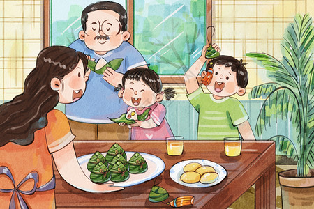 手绘水彩端午节一家人吃粽子温馨治愈插画高清图片