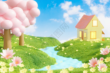 粉色小野花草地上的红顶木屋设计图片