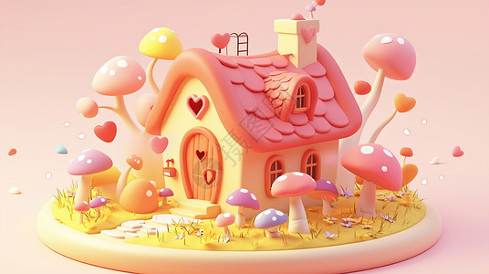蘑菇主题立体可爱的卡通小房子背景图片
